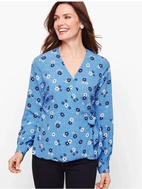 Talbots Poet Sleeve Wrap Top Blue Wave Flowers Dots Petite Medium BNWT $89
